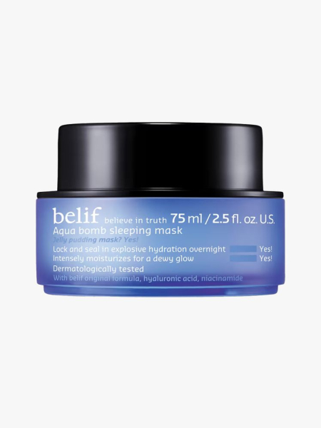 Belif Aqua Bomb Sleeping Mask in branded tub component on a light gray background
