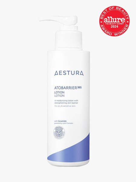 Aestura Atobarrier 365 Ceramide Lotion white and blue bottle of lotion with red Allure Best of Beauty seal in the top right corner